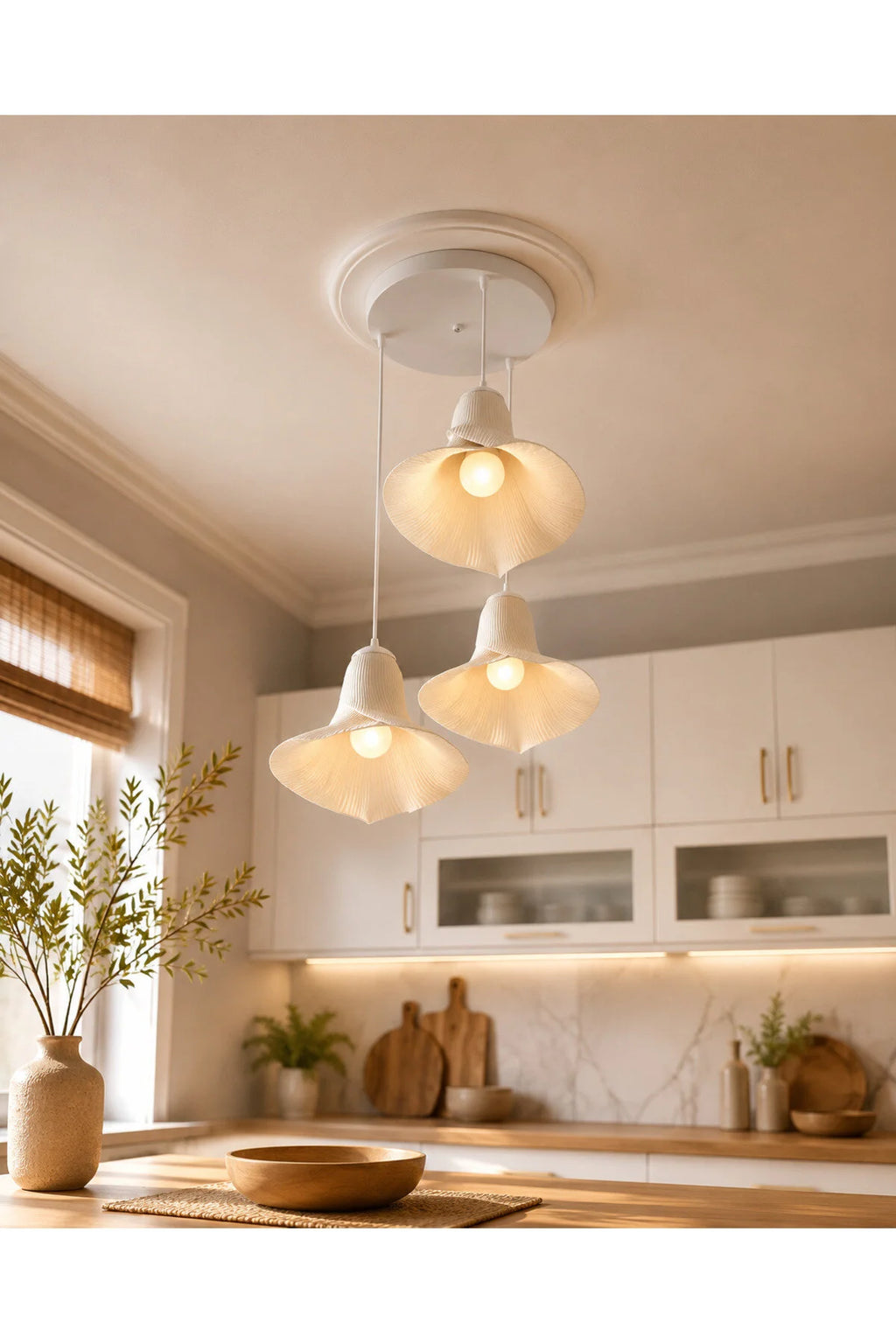 Su Zambağı Taş Dokulu Modern İskandinav Tarz 3lü Sarkıt Oturma Odası - Salon Avize