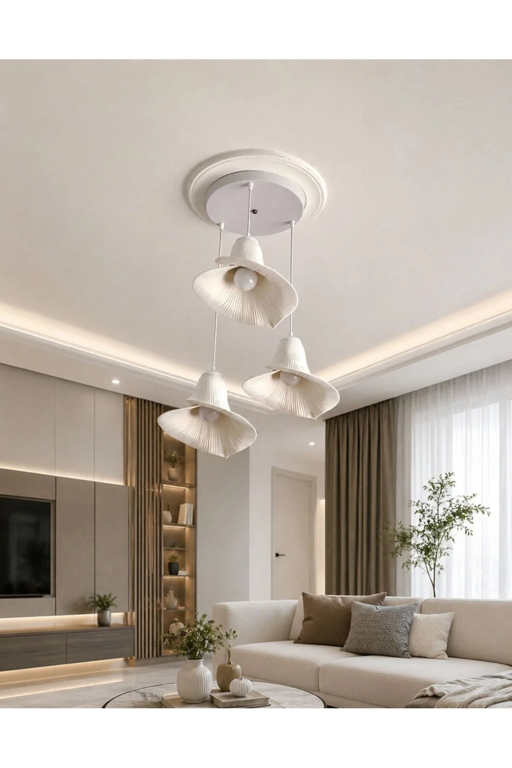 Su Zambağı Taş Dokulu Modern İskandinav Tarz 3lü Sarkıt Oturma Odası - Salon Avize